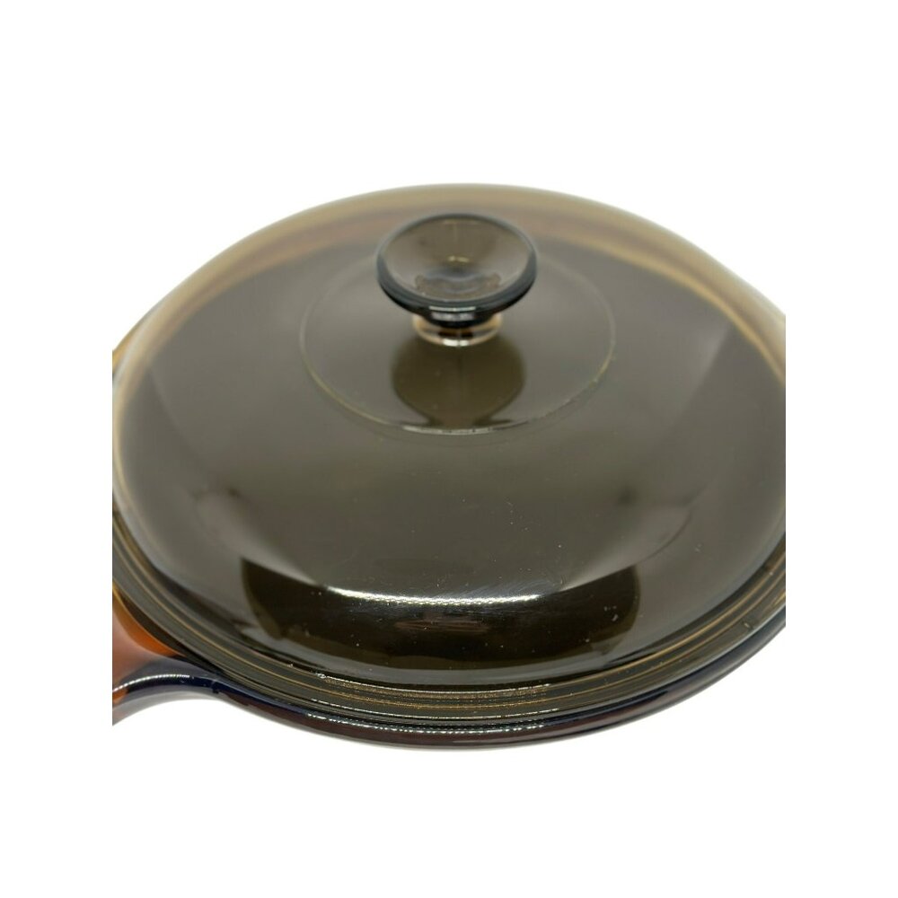 VTG CorningWare Visions Amber Brown Glass Skillet w/ Lid Teflon Coated 3.75"x11" - Picture 3 of 10